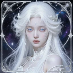 seductive eyes, ethereal white witch girl portrait, art nouveau, fantasy, intricate designs, elegant, highly detailed, sharp focus, galaxies, female