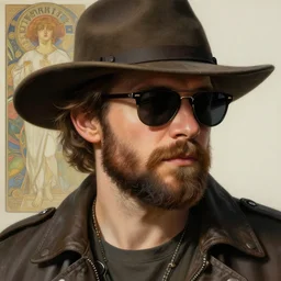 an handsome man with a beard wearing a hat and sunglasses, Mark Edward Fischbach, intricate, highly detailed, digital painting, artstation, concept art, smooth, sharp focus, illustration, Unreal Engine 5, 8K, art by artgerm and greg rutkowski and alphonse mucha