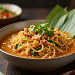 close - up focused dslr photograph of an thai dinner, 8 k, high detail, volumetric lighting, hyperrealism, aesthetically pleasing, studio lighting, trending