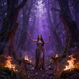 greek goddess gaia having a ritual in a mysterious and lush burning forest, fantasy, wide shot, purple hue, realistic lighting, sunshaft