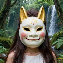 hyper realistic Princess Mononoke wearing her mask, lush forest landscape, style of tom bagshaw, mucha, james gurney, norman rockwell, gems and gold, waterfalls, denoised, sharp,
