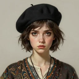 portrait of an elegantly dressed short haired hipster girl, extremely dark circles around eyes, irritated expression, bohemian fashion, wearing a beret, artsy, intricate, elegant, highly detailed, digital painting, artstation, concept art, smooth, sharp focus, illustration, art by artgerm and greg rutkowski and alphonse mucha