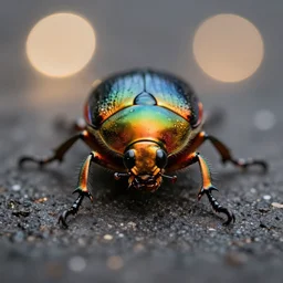 front view, rainbow beetle, bokeh close up shot super macro, studio light