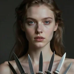 cinematic close up portrait of a woman with knives in her body, dystopian environment by roversi - manara, pale natural matt, head in focus, artistation