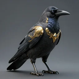 an organic cybernetic being, anthropomorphic crow, ornate golden detailing on their body