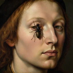 portrait of a human with the face of a musca domestica, oil painting by jan van eyck, northern renaissance art, oil on canvas, wet - on - wet technique, realistic, expressive emotions, intricate textures, illusionistic detail