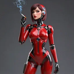 full length complex 3 d hyper realistic smooth ultra sharp render of a gorgeous!! red and black latex wearing female cyborg | beatiful artificial girl | smoking a cigarette | art by oh jinwook + 吵 集 仁 儿 on artstaion + takeshi obata + alphonse mucha + wlop + artgerm