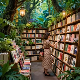 a vibrant dream of nostalgic psychedelic hallucination of a beautiful hidden forest bookstore, lush plants and lanterns, a woman wearing a gucci dress is exploring the books, high fashion, by moebius, edward hopper and james gilleard, zdzislaw beksinski, steven outram hd, 8 k, artstation