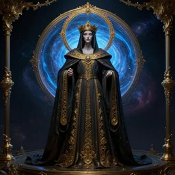 whimsically designed pre-raphaelite dark cloaked divine missionary, symmetrical , before an orb of blue light, gold, rococo details, octane render, 4k post processing is very detailed, moody lighting, Maya+V-Ray +metal art+ extremely detailed, beautiful, unreal engine, lovecraft, Big Bang cosmology in LSD+IPAK,4K, beatiful art by Lêon François Comerre, ashley wood, craig mullins, ,outer space view, William-Adolphe Bouguereau, Rosetti