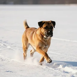 a spanish mastiff running through the snow, photo real, golden hour, stark whites