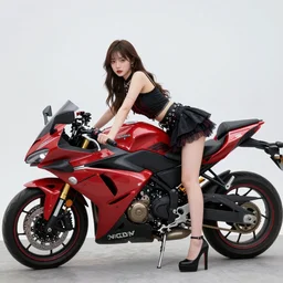 full - length photo, young woman, leaning on a motorcycle, gothic clothes, high heels, 4 k, colourful
