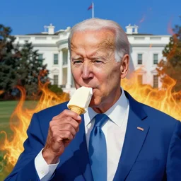 joe biden eating an ice cream with the whitehouse in flames behind him artwork by greg rutowski and brom, 4 k, masterpiece