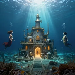 an underwater settlement painted by, mc escher, gordon onslow ford, georgia o'keeffe and ivan aivazovsky, cinematic light, god rays, unreal engine, zbrush central,