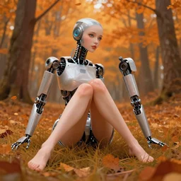 a stunninfly beautiful robotically enhanced woman sitting in an orange forest in autumn, grass, leaves, reflective skin, bare feet in grass, digital, shaded, digital art, low angle