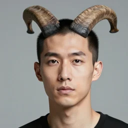 a close-up studio photography portrait of man with goat horn and squared-jawed and Petit Goatee beard, fantasy style, dramatic backlighting