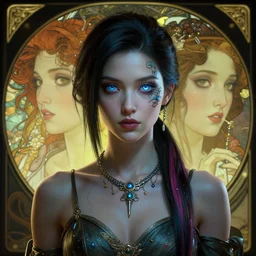 cyberpunk full shot, looking front, very detailed, cgsociety, artstation, female, wearing a dress, necklace, dark hair, colored lock of hair clean, symmetry, blue eyes, intricate, impossible beauty, eye implant bionic, ponytail, staring in the void, art by krenz cushart and artem demura and alphonse mucha