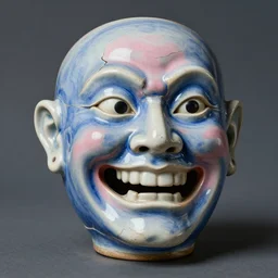 a painting of a cracked ceramic grimace toy painted with poor blue and pink pigments, a flemish baroque, ceramic surface painted by martin deschambault, trending on zbrush central, classical realism, flemish baroque, hyper realism, chiaroscuro