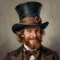 a fantasy painting of a smiling man with a beard wearing a mad hatter tophat