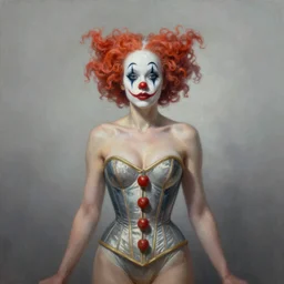 by Tom Bagshaw, ultra realist soft painting of a carnival  curiosities, single female clown in a corset, symmetry accurate features, very intricate details, focus, curvy, award winning, ultra dense fog