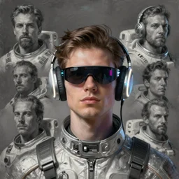 future coder man looking on, sleek cyclops display over eyes and sleek bright headphoneset, neon accent lights, desaturated headshot portrait painting by dean cornwall, donoto giancola, rhads, john berkey, tom whalen, alex grey, alphonse mucha, astronaut cyberpunk electric fashion photography