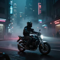 street with motorbike speeding, cyberpunk, by stephan martiniere, night, foggy, detailed