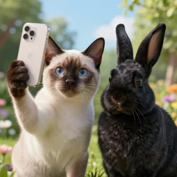 siamese cat and black rabbit taking a selfie, octane render, cgsociety, garden background