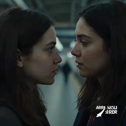 vfx film closeup couple in a train station flat color profile low - key lighting award winning photography arri alexa cinematography, hyper real cinematic beautiful natural skin, famous face, atmospheric cool colorgrade