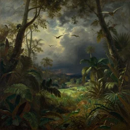 a scene of the jurassic era, with extinct plants and tropical rain forests. a dark sky is looming above. pteradactyls are seen flying high the sky in the distance, grassy meadows in the distance. in the style of hudson river school of art, oil on canvas