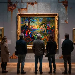 a beautiful glitched painting by robert proch of people in front of a painting in a museum gallery, metal rust and plaster materials, pixel sorting, color bleeding, brushstrokes by jeremy mann, still life, dark colors