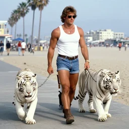 celebrity walking his two pet white tigers on a chain down venice beach muscle beach in 1992