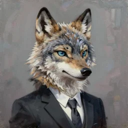 oil painting headshot of anthromorphic female wolf, in style of zootopia, zootopia, zootopia, fursona, furry, furaffinity, 4 k, deviantart, furry art, fursona art, wearing black business suit, business suit, in style of zootopia, wolf fursona, cyberpunk, female, expressive detailed feminine face,