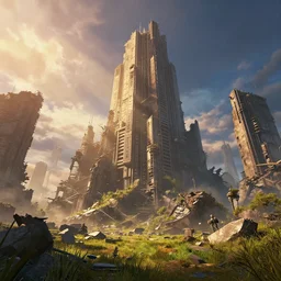 frostpunk ruined city, cinematic view, epic sky, detailed, concept art, low angle, high detail, warm lighting, volumetric, godrays, vivid, beautiful, trending on artstation, by jordan grimmer, huge scene, grass, art greg rutkowski