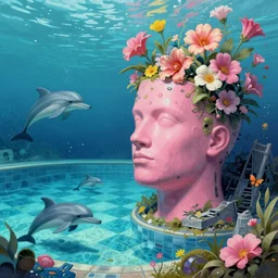sunken ruins of a pink mannequin head, tim hildebrandt, trending on artstation, highly detailed, vaporwave surreal ocean, dolphins, pool, checkerboard pattern underwater, cuastics, award winning masterpiece with incredible details, artstation, a surreal vaporwave vaporwave vaporwave vaporwave vaporwave painting by thomas cole, flowers growing out of its head, sinking underwater, highly detailed