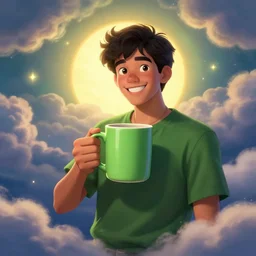 portrait of a ( ( ( una taza de cafe grande y verde ) ) ), ( ( guapo joven caliente espanol alegre ) ), lleno de nubes y magia, el sol, concept character, by greg rutowski and tezuka and oi and mucha and bierstadt and remington, trending on artstation