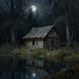 a beautiful painting of of an old abandoned log cabin by a lake in a dark evil forest from the witcher, moonlit by greg rutkowski and kalin popov, trending on artstation, masterpiece,