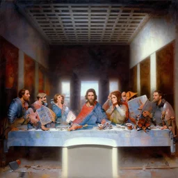 a beautiful painting cyberpunk last supper, by moulin rouge artists