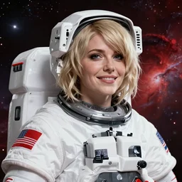 highly detailed portrait of a hopeful pretty astronaut lady with a wavy blonde hair, by Emma Geary, 4k resolution, nier:automata inspired, bravely default inspired, vibrant but dreary but upflifting red, black and white color scheme!!! ((Space nebula background))