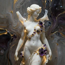 abstract female sculpture made of white marble and dark amethyst crystals quartz, ethereal lights, fine details, artstation, film still, rim light, cinematic photoshooting, luxury, golden filigree, octane render, hypperrealistic painting, abstract liquid acrylic art