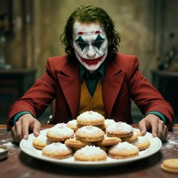 cinematic shot of the joker sitting at a table in front of a plate of baking powder biscuits, 8 k, very detailed, very intricate,