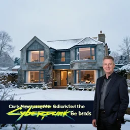 cyberpunk, winter in the snow, an estate agent listing photo, external view of a 5 bedroom detached cyberpunk countryside house in the UK, by Paul Lehr