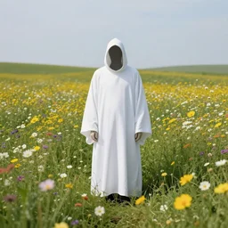 white grim reaper with no face looking at you from distance in a beautiful meadow of flowers, highly detailed photo by rene magritte