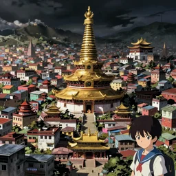 Anime vajrayana Tibetan cityscape, Ghost in the Shell, Tekkonkinkreet, favelas, temples, cinematic matte painting concept art, by James Jean