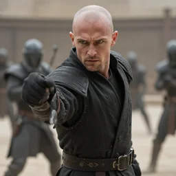 Establishing shot of bald ominous brooding Austin Butler as Feyd-Rautha Harkonnen fighting duel in an arena, clear gaze, detailed eyes