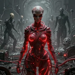 alien woman wrapped around by tubes and cables, glowing red, by Edgar Maxence and Ross Tran, Zdzisław Beksiński, and Michael Whelan, distant, gustav dore, H.R. Giger, 8k, octane render