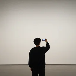 person seen from behind standing in an empty gallery contemplating over the empty opposite wall but talking a selfie holding smartphone in hand up, photo taken with provia