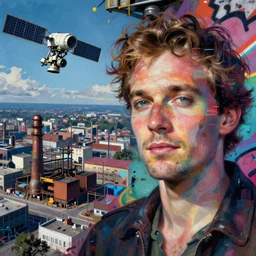 a beautiful graffiti of a satellite view of an industrial city mixed with portrait photography by tristan eaton, glitches