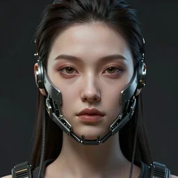 sexy beautiful girl head made of mech mask rendered in unreal engine, cyberpunk, dark scifi, painted by david burliuk bernard buffet | carne griffiths | wlop, face symmetry, 2 eyes, proportional face, one mouth