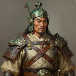smart breadtai warlord, closeup portrait, historical hero, ethnic group, tai costume, bronze headdress, intricate, with leather armor cross on chest, cotton textile, elegant, loin cloth, highly detailed, oil painting, artstation, concept art, matte, sharp focus, illustration, hearthstone, art by earl norem