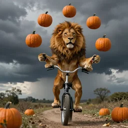 lion on a unicycle, juggling with pumpkins, stormy sky, trending on artstation