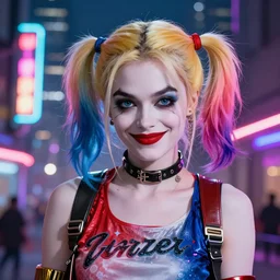 harley quinn standing, smiling softly, close up shot, cyberpunk setting, beautiful cityscape background, neon signs, vibrant colors, 4k, digital art